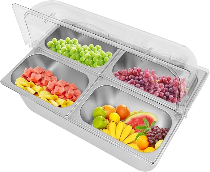 4 Pans Countertop Food Serving Display Container, Stainless Steel Flip-Top Fruit Tray with Clear Roll Top Cover, Buffet Chilled Condiment Container for Restaurant Hotel Kitchen