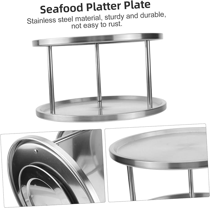 ABOOFAN Stainless Steel Seafood Platter Silver Crimped Round Smooth Food and Dessert Plates Elegant Serving Tray for Dinner Parties and Casual Gatherings