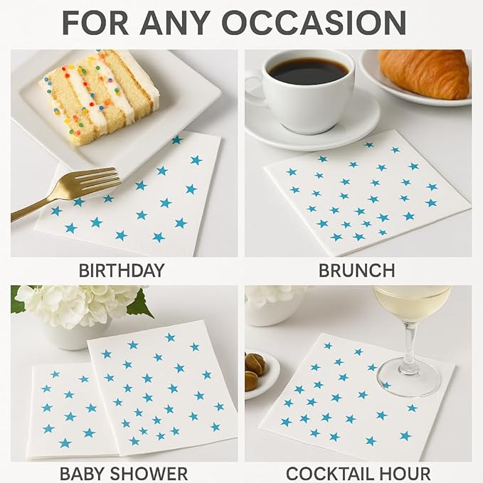 Elegant 100-Pack White Cocktail Napkins with Blue Foil stars- 2-ply Disposale Party Napkins for Weddings, Bars and Baby Showers