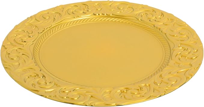 TFCFL 50Pcs Antique Charger Plates Bulk 13Inch Plastic Embossed Dinner Plate Chargers Round Floral Plates Dinner Wedding Party Event Table Setting Decoration (Gold)
