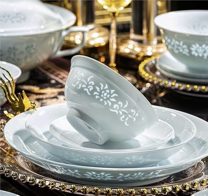 58Pcs Celadon Dinnerware Sets Translucent Porcelain Tableware Set High-Temperature White Bowls Plates Home Use Luxury Gift Ceramic Dinnerware Sets,