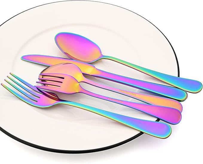 35-Piece Rainbow Flatware Set With Serving Set, 18/0 Stainless Steel Cutlery Set Service For 6, Mirror Polished, Dishwasher Safe