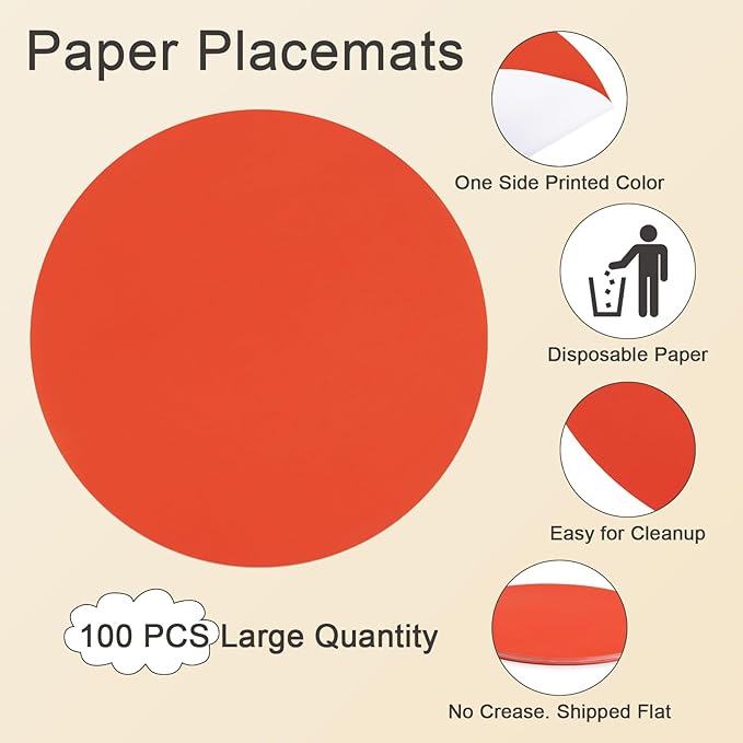 SHACOS 100 PCS Christmas Round Paper Placemats 13 inch Disposable Paper Place Mats for Dinner Wedding Birthday Party Festival Events Table Decoration, Orange Red