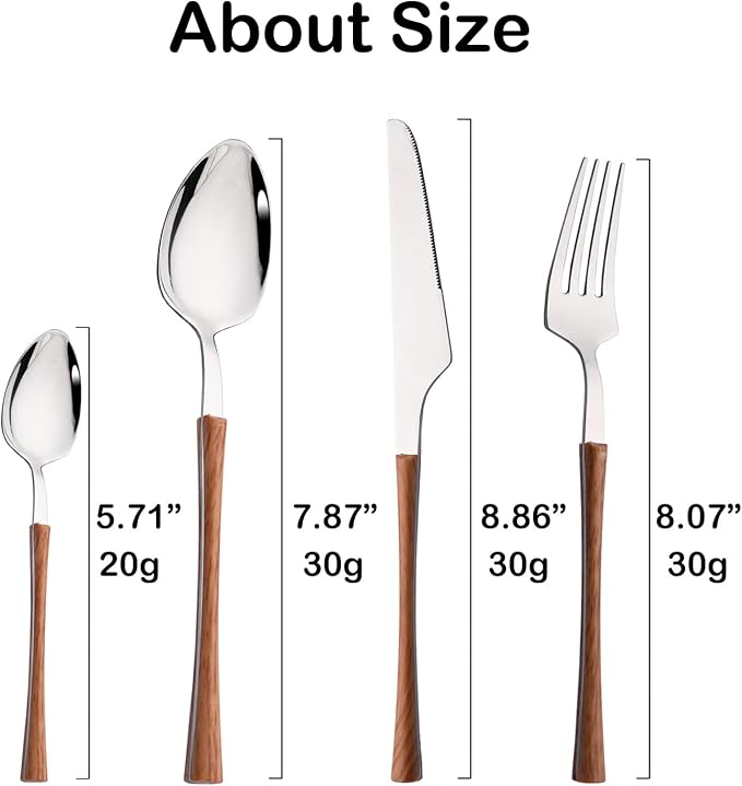 JASHII 24pcs Stainless Steel Imitation Wood Handle Cutlery Set, Knife Fork Tea Spoon Silverware Kitchen, Silver Flatware Set for 6, Mirror Polished Small Waist Handle - Brown&Silver