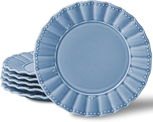 HOMBENE Plates 8 Inches Set for 6 Ceramic Serving Plates,plates for Cake Waffles, Wavy Style, Snacks, Pasta, Noodle,Dinner, Microwave & Dishwasher Safe (Celestial Bluee)