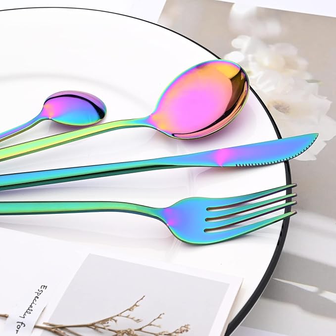 30Pcs Rainbow Simplicity Mirror Finished Cutlery Set, 18/0 Stainless Steel Daily Use Silverware Kitchen Home Restaurant Party Dessert Flatware Set Include Knife/Fork/Spoon, Service For 6