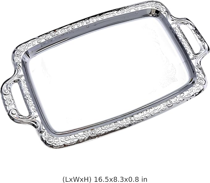 16.1 In Silver Serving Tray, European Style Stainless Steel With Handles, Metal Ottoman Decorative Food Tray For Coffee Tables And Parties
