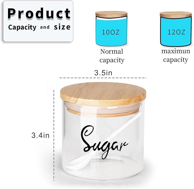 HAOTOP Clear Glass Condiment Pots with Spoon Wooden Lid and Silicone Sealing, Farmhouse Container Jar Dispenser Holder for Home Kitchen,12 oz Labeled Sugar