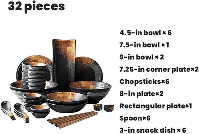 Dinner Plates,Ceramics Dinnerware Set, Style 32 Pieces Plates and Bowls Sets/Matte Porcelain Dinner Set with Sushi Plate for Restaurant,