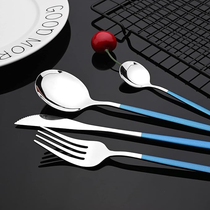 JASHII Hanging Flatware Set Include Knife Fork Spoon Teaspoon and Stand, 24pcs Stainless Steel Utensils Set Service for 6,Modern Design & Mirror Polished, Dishwasher Safe - Blue Silver