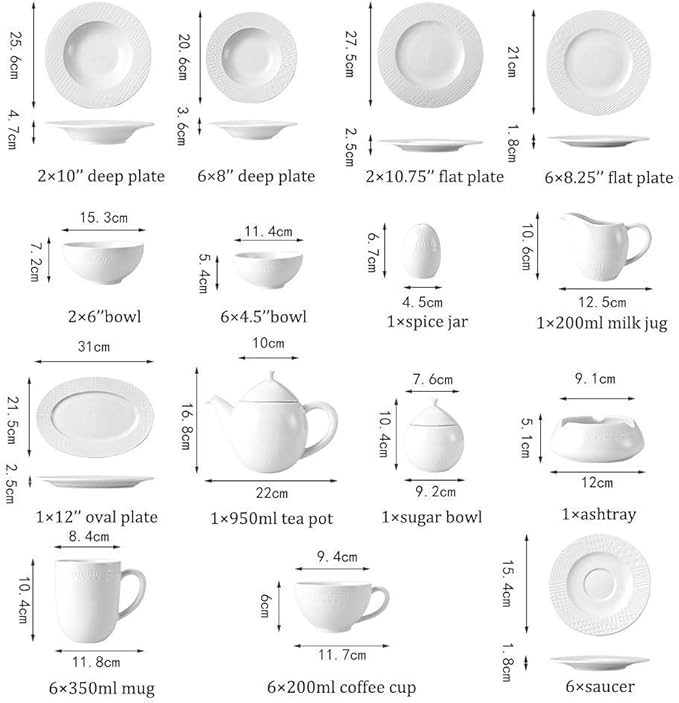 Dinner Plates,Pottery Tableware,48 Pieces Dinnerware Sets, White Ceramics Dinner Sets, Complete Porcelain Combination with Plates, Bowls, Mugs, Coffee Cups and Tea Pot, M