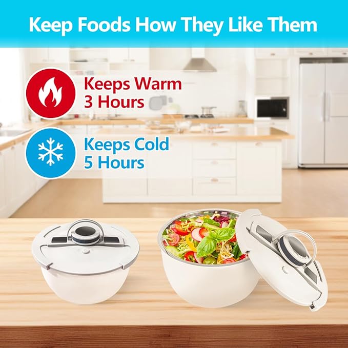 Double-Walled Stainless Steel Insulated Serving Bowl with Leak - Proof Lid - Insulated Casserole Dish - Keeps Food Warm and Cold for Hours - Perfect for Holidays, Parties, Camping - (2Q, White)