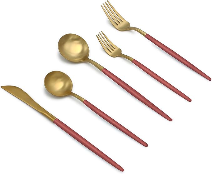 Elyon Lea 20-Piece Matte Gold/Rose Lea Flatware Set, Stainless Steel, Rose Thin Handles, Service For 4