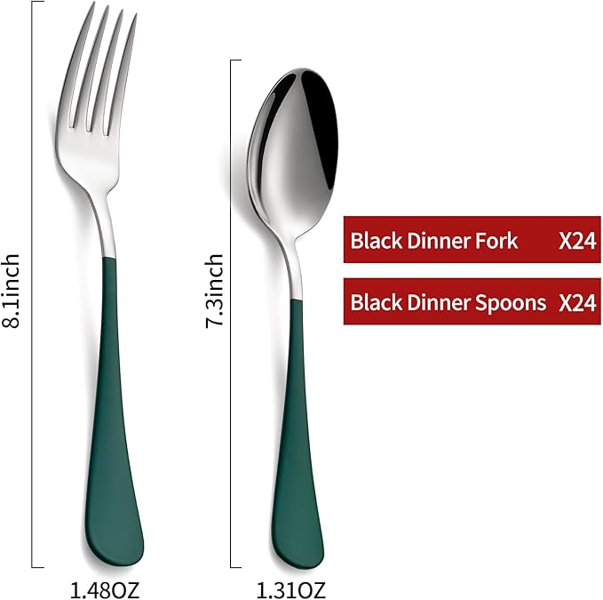 24 piece Green Forks and Spoons Silverware Set,Green Handle Silverware 18/0 Stainless Steel Flatware Bulk Forksand Spoons Dessert Forks of 24