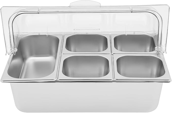 5 Pans Ice Food Serving Display Container w/Clear Roll Top Cover, Stainless Steel Serving Tray Catering Supplies Buffet Display Condiment Dispenser Plate Case for Restaurant Hotel Kitchen