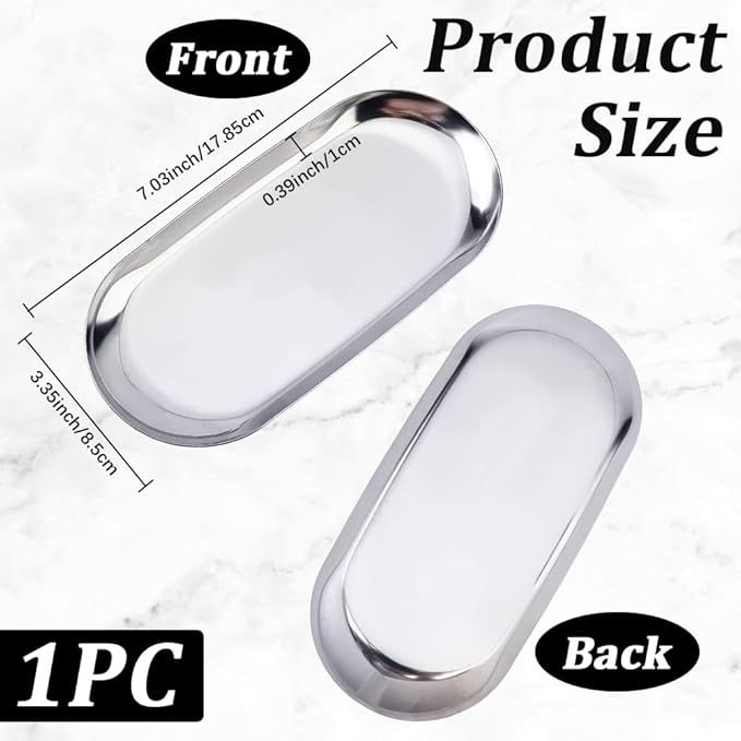 CRASPIRE 7 x 3.47 inch Small Silver Stainless Steel Trinket Tray Small Storage Trays Metal Jewelry Dish Food Plate Cosmetics Organizer for Serving Platter Jewelry Towel Bathroom Clutter Decorations