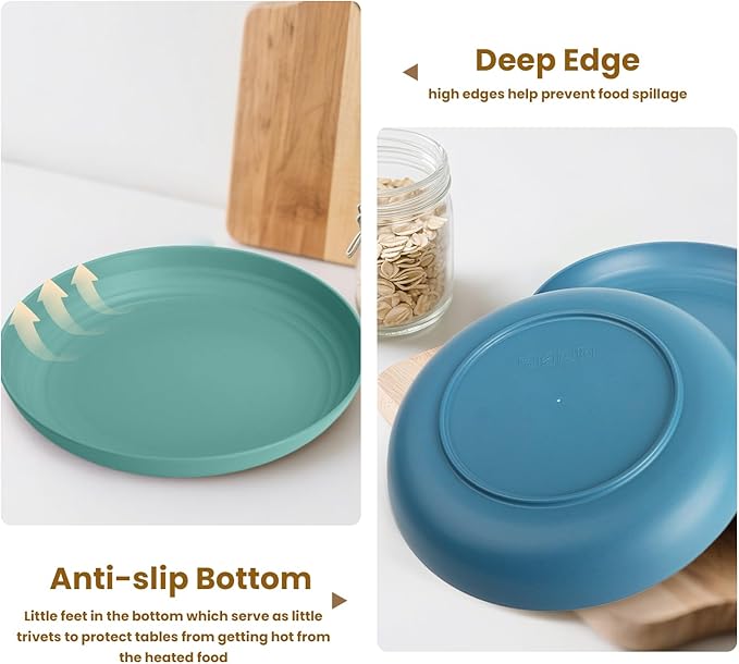 Wheat Straw Plates 10 Inch Deep Dinner Plate Set of 8, Lightweight and Unbreakable Plastic Plates Reusable, Microwave & Dishwasher Safe Kitchen Plate (Multi Colors)