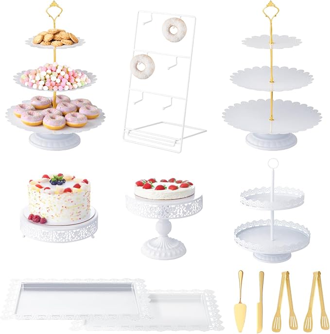 ROVSUN 12PCS Dessert Table Display Set, Metal Cake Stand Set with Donut Stand, Tiered Cupcake Holder Fruit Candy Plate with Cutting Knife Serving Tongs for Wedding, Birthday Party Baby Shower, White