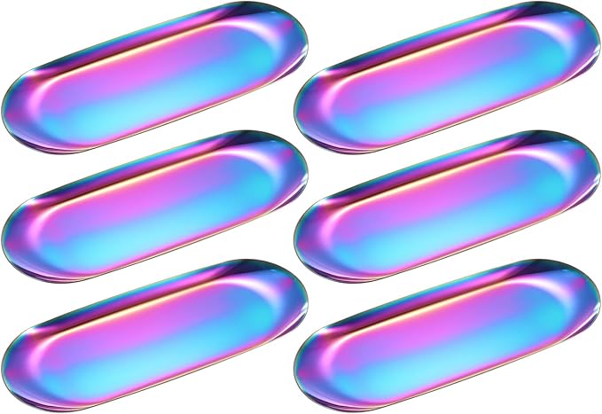 uxcell 6pcs Stainless Steel Decorative Tray, 9 Inch Oval Jewelry Tray, Small Serving Tray for Bathroom Countertops, Closets, Dressers, Multicolor