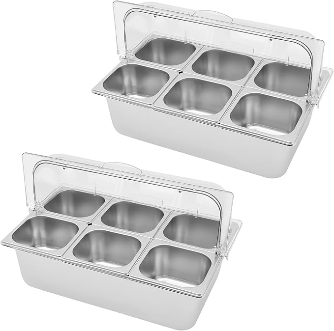 Food Serving Display Container, 2Pcs Countertop Salad Bar with Clear Roll Top Cover, 6-Pan Stainless Steel Food Serving Tray Buffet Condiment Dispenser (12* Spoons+12* Clamps)