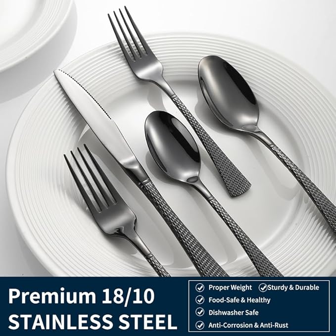 Hammered Black Silverware Set,20 Piece Modern Flatware Set Service for 4,Mirror Polished Stainless Steel Cutlery Set Utensil Set Tableware Set,Kitchen Knives Forks Spoons Set,Dishwasher Safe ﻿