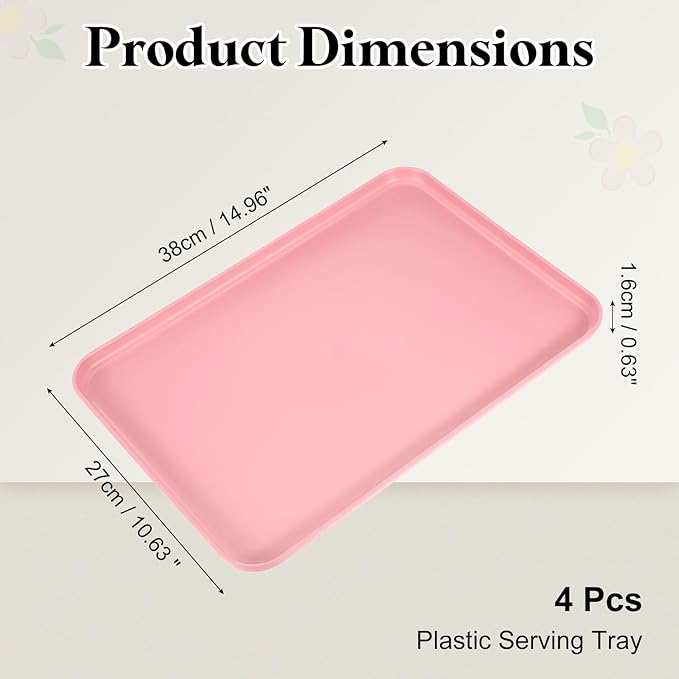 uxcell 4Pcs Plastic Serving Trays, 15 x 10.6 Inch Rectangle Food Trays Serving Cafeteria for Kitchen Restaurant Coffee Fruit Burger Lunch Dessert, Pink