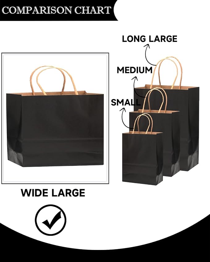 qiqee 13"x4.5"x10" Large Gift Bag with Handles Bulk 100PCS Gift Paper Bags Black Bags Multiple Uses (Wide Large)