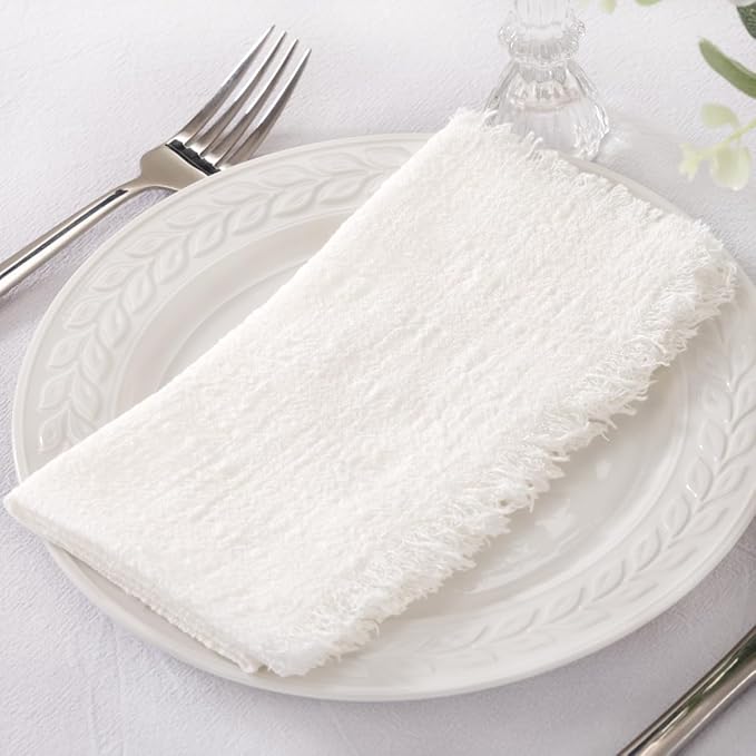 Socomi Set of 6 Linen Napkins Cream White Easter Spring Cloth Napkins Washable Cotton Dinner Napkins Fringe 17"x17" for Wedding Party Bridal Baby Shower Birthday Table Decorations