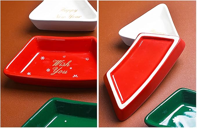 Colorful 10.8 Inches Snack Appetizer Trays Set, Christmas Tree Dessert Serving Dishes, Snack Platter, 3 pcs Removable Porcelain Plates with Bamboo Tree Tray