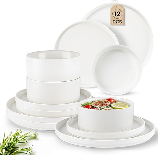 GBHOME Ceramic Dinnerware Sets of 4,Stoneware Plates and Bowls Sets,Chip and Crack Resistant | Dishwasher & Microwave Safe Dishes Set,Scratch Resistant- Service for 4 (12pc)-Matte White