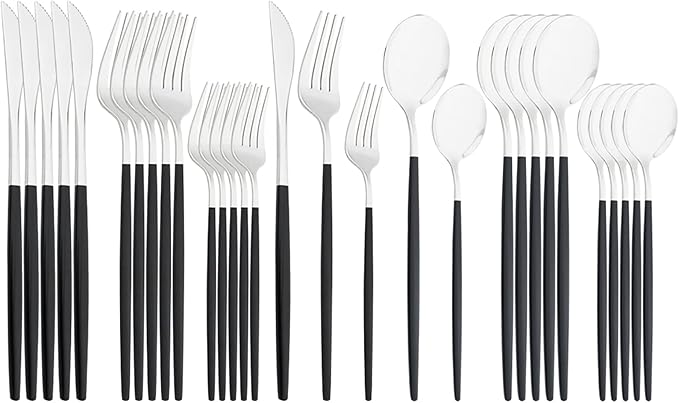 30-Piece Snplowum Mirror Flatware Serving Set, 18/0 Stainless Steel Dinnerware With Black Handle, Modern Durable Home Kitchen Eating Tableware Set Service For 6 (Black Silver)