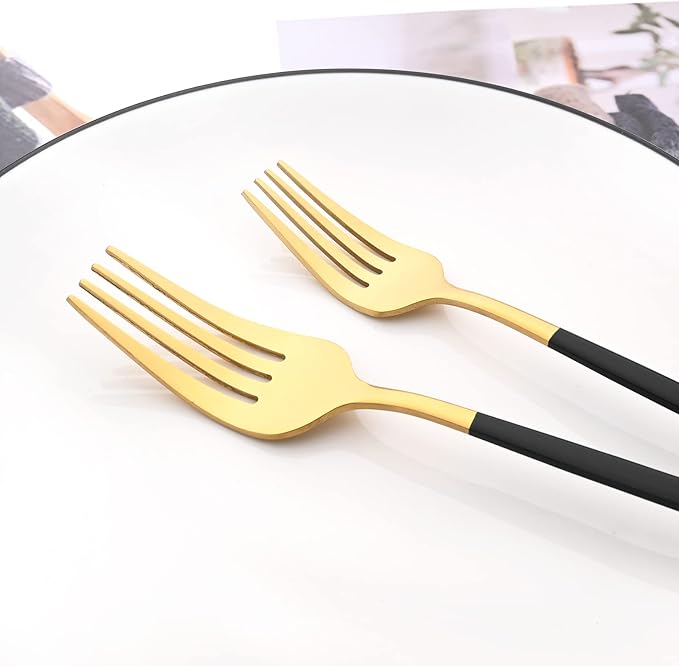 30-Piece Snplowum Mirror Flatware Serving Set, 18/0 Stainless Steel Dinnerware With Black Handle, Modern Durable Home Kitchen Eating Tableware Set Service For 6 (Black Gold)