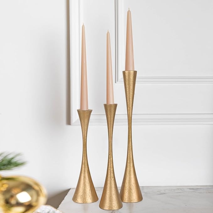 Antique Brass Iron Taper Candle Holders - Set of 3 Decorative Candle Stands for Weddings, Dinners & Parties - Elegant Candlestick Holders with Vintage Finish