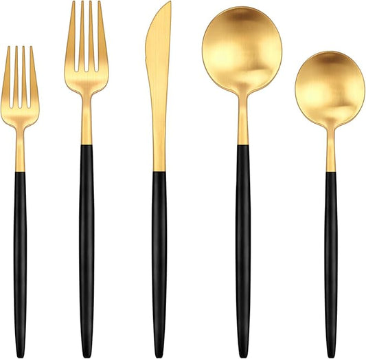 Gold and Black Silverware Set,Ollex 60-Piece Modern Silverware Set for 12 with Matte Knives Forks Spoons Flatware Set Food-Grade Stainless Utensils Duty Tableware Cutlery Set,Dishwasher Safe