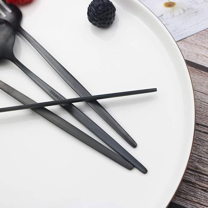 Black Silverware Set JASHII 40 Pieces Flatware Set 304 Stainless Steel Flat Cutlery Set for 8 Matte Kitchen Forks Knife Spoons Set, Satin Finish Tableware Set for Home and Restaurant, Dishwasher Safe