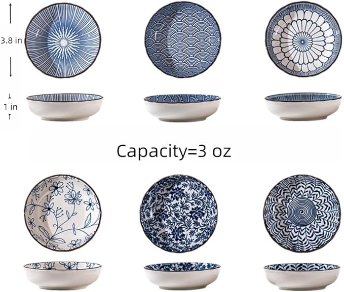 6 Pack 3 oz Small Ceramic Side Dish Japanese Dipping Sauce Dish Soy Sauce Dish Cute Mini Bowls for Sushi,Dipping,Ketchup,Condiment,Snack,BBQ Party (cyan blue)