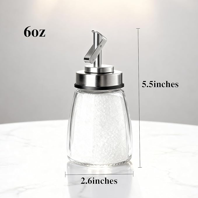 Glass Sugar Dispenser with Stainless Steel Lid, Automatic Pour Spout, Sugar Container for Coffee Bar, Sugar Jar, Sugar Bowl, Salt Shaker, 6OZ