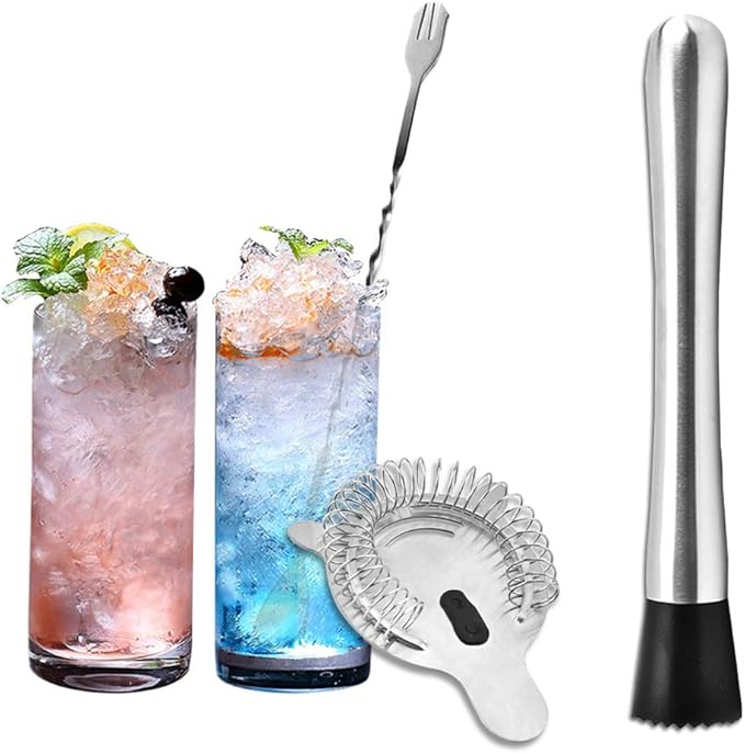 SENHAI Stainless Steel Cocktail Muddler, Spiral Mixing Spoon & 4-Prong Bar Strainer, Home Bar Bartender's Muddling Tool Set