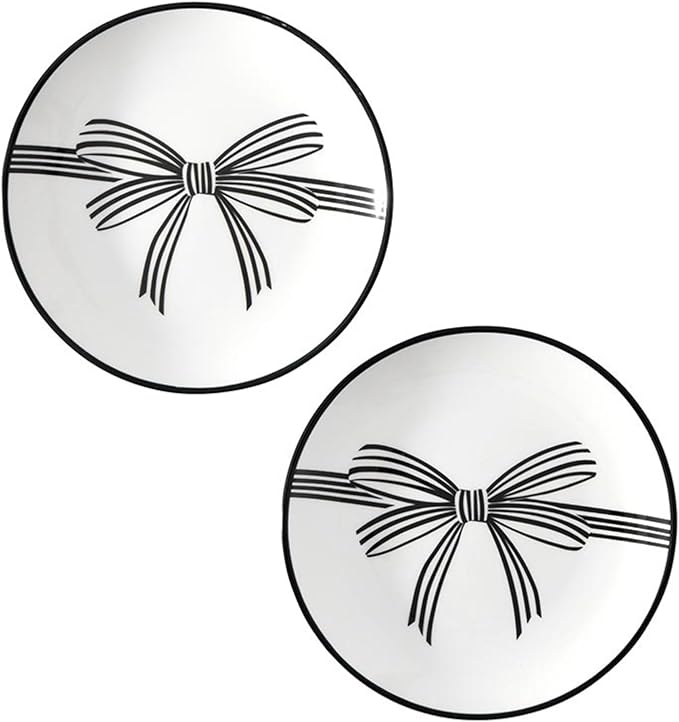 Santa Barbara Design Studio 4-Piece Appetizer Plates Set Black Rim Stamped Ceramic Dessert Plates, 5.25" Diameter, Black Bow