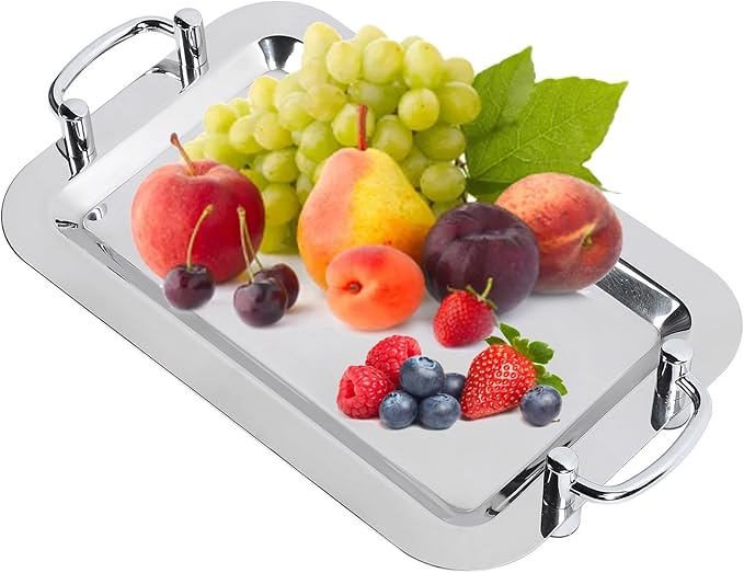 Serving Tray, Bright Mirror Finish Stainless Steel Buffet Plate, Serving Platters with Ergonomic Handle for Banquet Halls, Wedding Receptions (Rectangular (Length 16.9in))