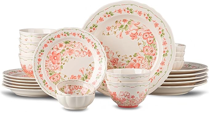 24 Piece Dinnerware Sets for 6， Scratch Resistant,microwave oven and Dishwasher Safe Plates and Bowls Sets Ceramic, Dish Set, Bowl and Plate Set -Pink peach blossom pattern