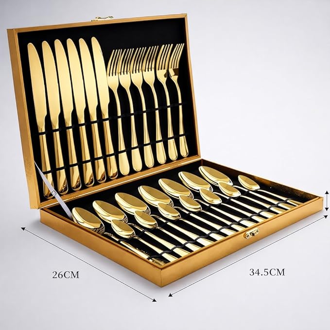 chandler 24 Pieces Cutlery Set Shiny Golden Stainless Steel 410 18/0 0% Nickel Golden Wood Bag Dinner Spoons Dinner Knives Dinner Forks Tea Spoons