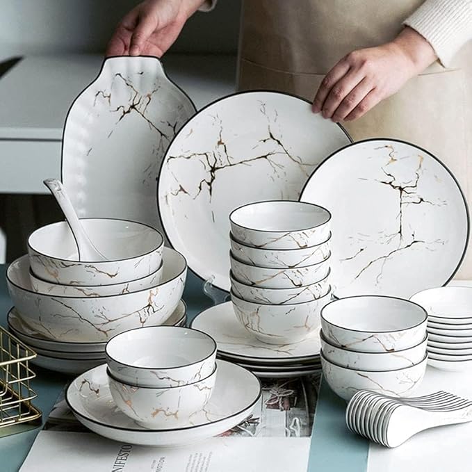 Plate Set – Kitchen Tableware Set,Ceramics Bowl and Plate Set 52-Piece Glaze Dinnerware Set, Suitable for Hotel Dinners and Family Banquet