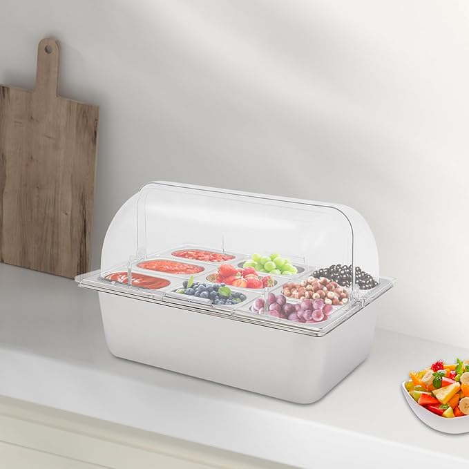 9 Pans Ice Food Serving Display Container w/Clear Roll Top Cover, Stainless Steel Serving Tray Catering Supplies Buffet Display Condiment Dispenser Plate Case for Restaurant Hotel Kitchen