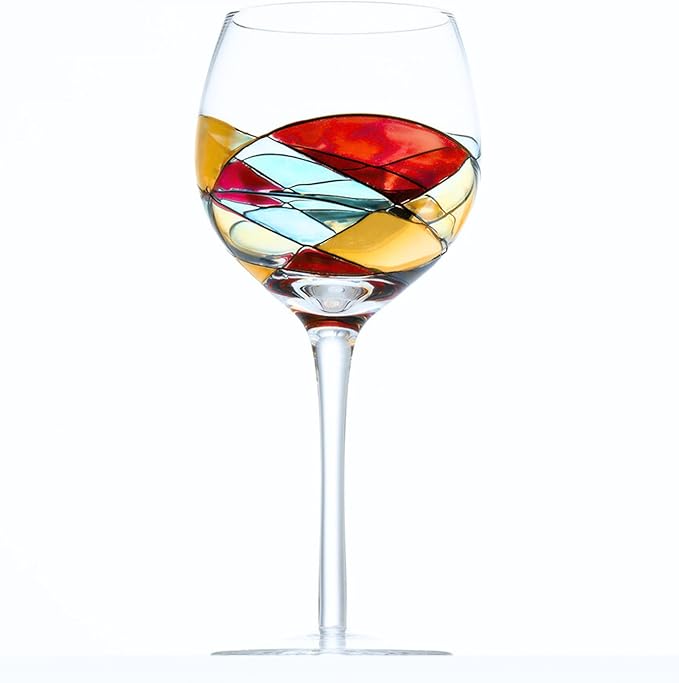 Victoria Barcelona Wine Glasses Hand-Painted Stemmed 14 oz Luxury Gift Women & Men Unique Art Gaudi Inspired by Sagrada Familia Red Murano Stained Glass Christmas Wedding Birthday Anniversary (Set 1)