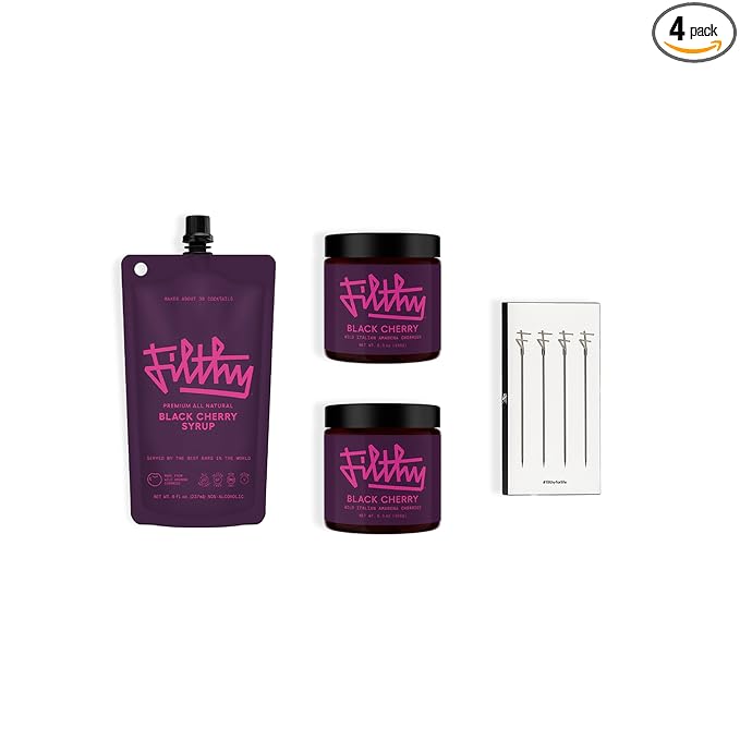 Filthy Black Cherry Whiskey Cocktail Kit, Premium Cocktail Kit for Old Fashioneds and Manhattan Cocktails at Home, Includes Black Cherry Syrup, Black Cherries & 4 Stainless Steel Cocktail Picks