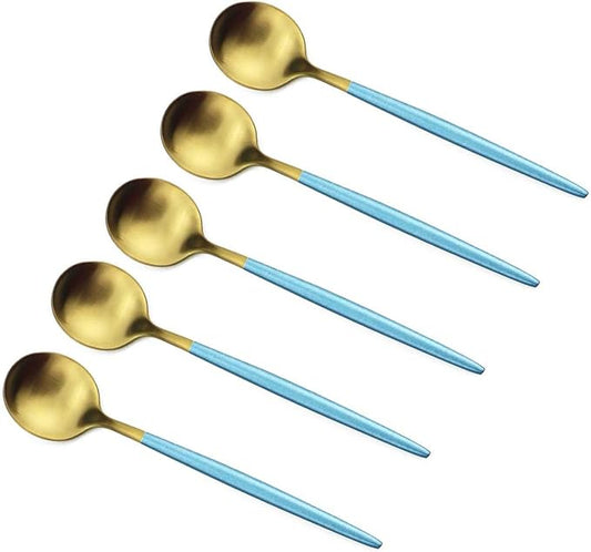 Gugrida Blue Handle Gold Flatware Set, Royal 5 Pieces Matte Blue Handle 18/10 Stainless Steel Dessert Spoon Salad Spoon 7.2", Camping Cutlery Silverware Travel Utensils Set Tableware