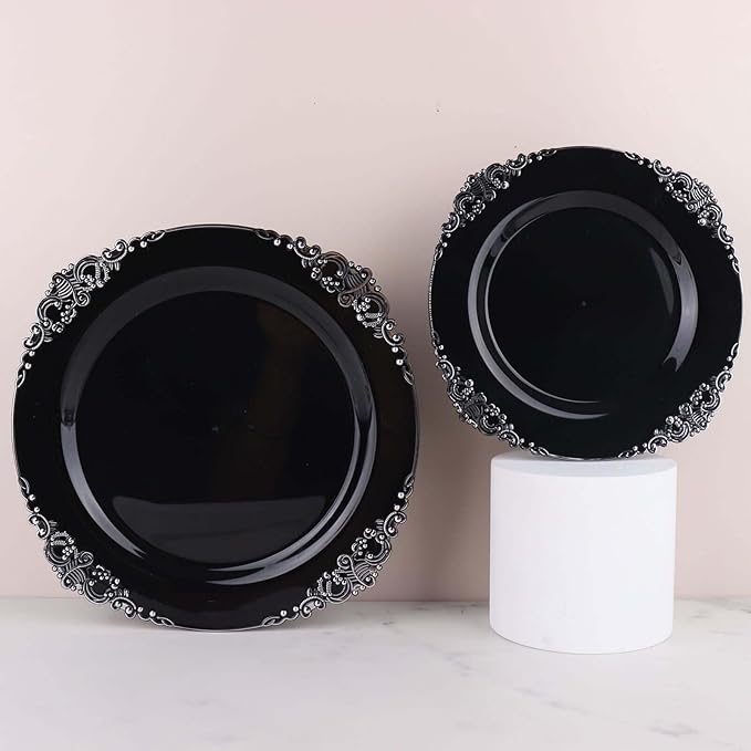 10" Dinner Plates -Set of 10 - Plastic Black Silver Round Baroque Disposable Chargers Leaf Embossed Rim, Ideal for Dinner Party Wedding Bulk Events