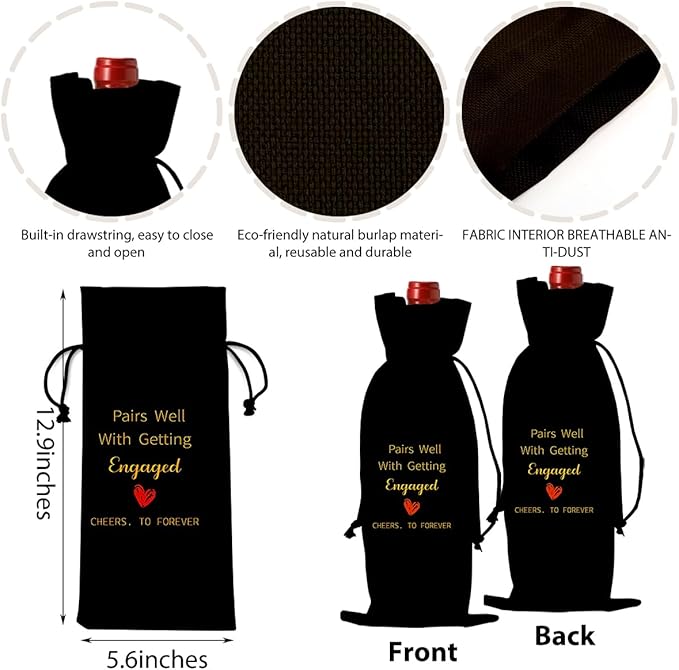 Black Engaged Wine Bag Engagement Gifts for Women Men Bride Couples Future Mrs Newlywed Engaged Wedding Bridal Shower Wedding Party Decorations Wine Bottle Bags