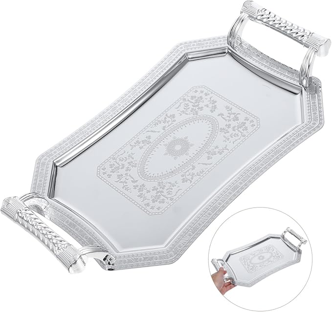 Unomor Stainless Steel Serving Tray European Style Geometric Design Silver Metal Platter for Snacks and Beverages for Parties and Entertaining